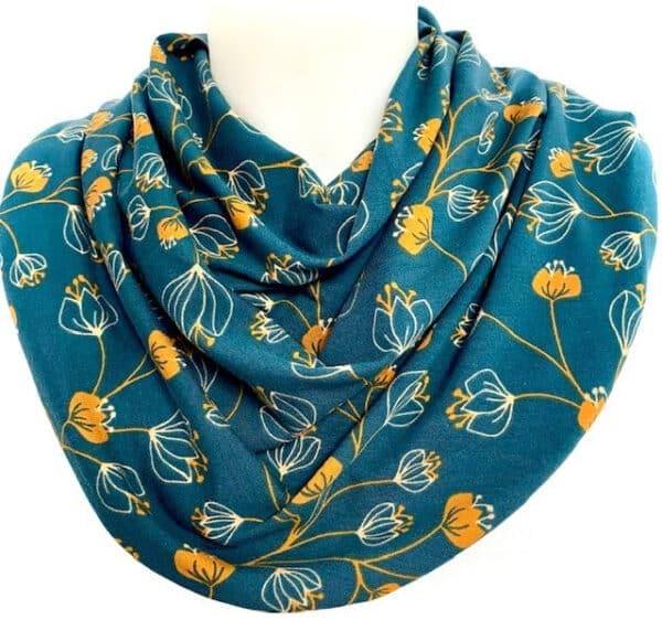 Scarf adults petrol with ocher yellow flowers (314)